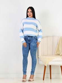 Women's Striped High Neck Knit Sweater, Winter Blouse - 淺藍色 - 查看 3