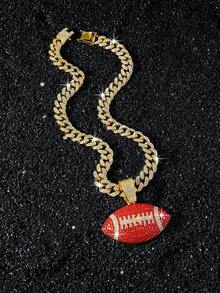 1pc Men's Full Diamond Bling Cuban Link Chain With Football Pendant Necklace - Style a - View 4