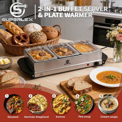 SUPERLEX Three-Compartment Restaurant Heaters, Stainless Steel Catering Heater Servers | Home Stainless Steel Insulated Hot Pot Buffet Heaters | Restaurant Buffet Heaters With Lids | Food Heaters | Food Warming Trays For Catering, Parties, And Weddings, For Cooking Only | Buffet Heaters, Thick Gold-Plated Stainless Steel Hotel Buffet Heaters, Restaurant Dining Heaters, Square Hotel Buffet Heaters, Food Storage Boxes