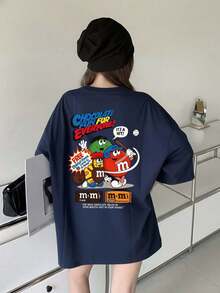 Domestic Shipping. New For Fall. Black Long-Sleeved T-Shirt For Women. Printed, Loose-Fitting, Korean-Style Top. Fall Clothing. Y2K Top. Korean Casual. Oversized. - 藏蓝色 - 查看 1