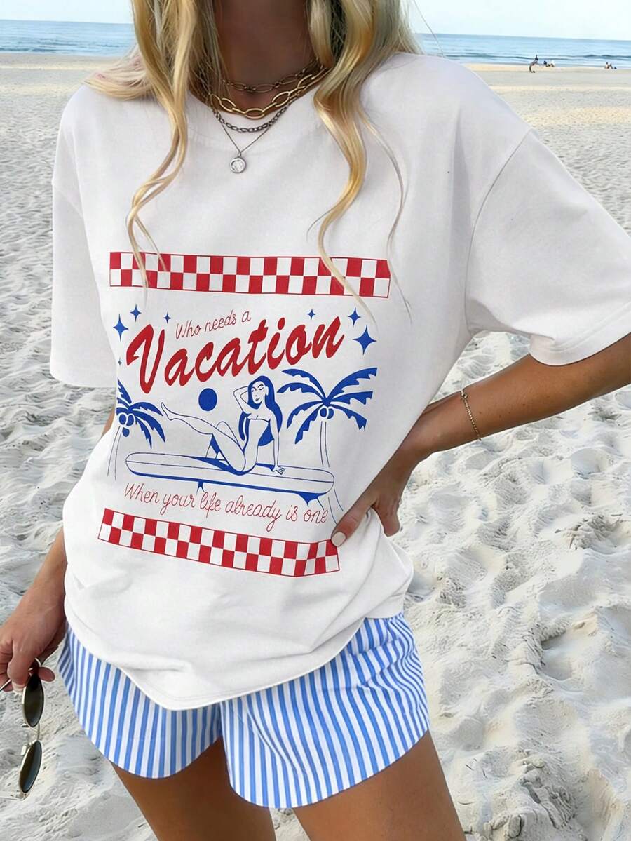 Top de verano MOOSGOP - Estilo bohemio de playa y vacaciones / Casual / Versátil / Cómodo / Ropa de estar en casa - Estampado en inglés de árbol de coco y tabla de surf / Diseño de marca de agua - Camiseta de manga corta, cuello redondo y hombros caídos de corte holgado - Ropa de playa para mujer Blanco