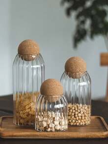 3pcs Glass Jars With Soft Cork Lids, Sealed Round Cork Stoppers, Transparent Candy Food Storage Containers For Spices, Salt, Sugar, Coffee, Tea, Kitchen Organizers Storage Jars - Transparent vertical stripes - View 10