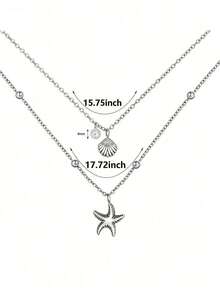 2pcs/Set Women's Shell Necklace, 14K Gold Plated Adjustable Layered Starfish & Shell Faux Pearl Pendant Necklace, Suitable For Summer Beach, Daily Wear, Birthday Gift, Friendship Gift - Gold - 查看 6