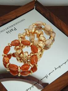 LADYCOCO 3pcs/Set Vintage Thick Chunky Acrylic Beaded Multilayer Bracelet, Transformable Gold Chip Bracelet, Suitable For Women, Couples, Party, Daily Wear - Multicolor 33 - View 4