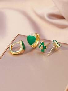 2 Pairs Elegant Fashion Versatile Shiny Green Cubic Zirconia Heart, Star, Cross, Butterfly Earrings, Suitable For Work And Daily Wear, Minimalist Yet Luxurious Gold Jewelry - Gold - View 5