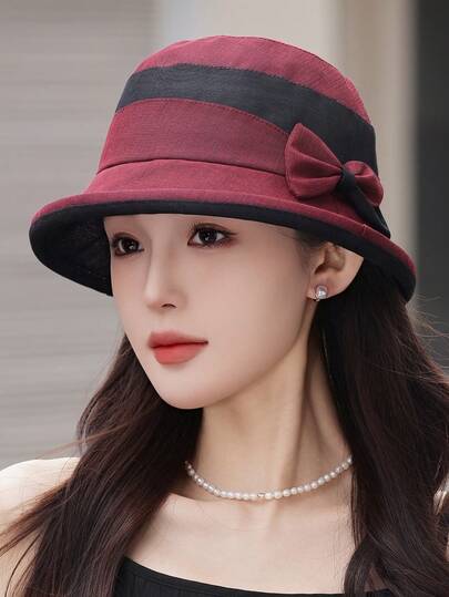 1pc Women's Colorblock Bow Decor Lightweight Breathable Bucket Hat, Elegant Stylish Sun Hat For Outdoor Spring/Summer, Versatile For Commuting And Travel