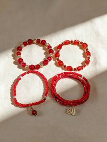 Set de 4 piezas de pulseras de joyería con cuentas de mijo - Rojo - Ver 4