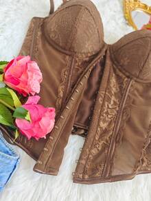 Women's Lace Corset Top, Delicate Spaghetti Strap Bone Bustier - Brown - View 10