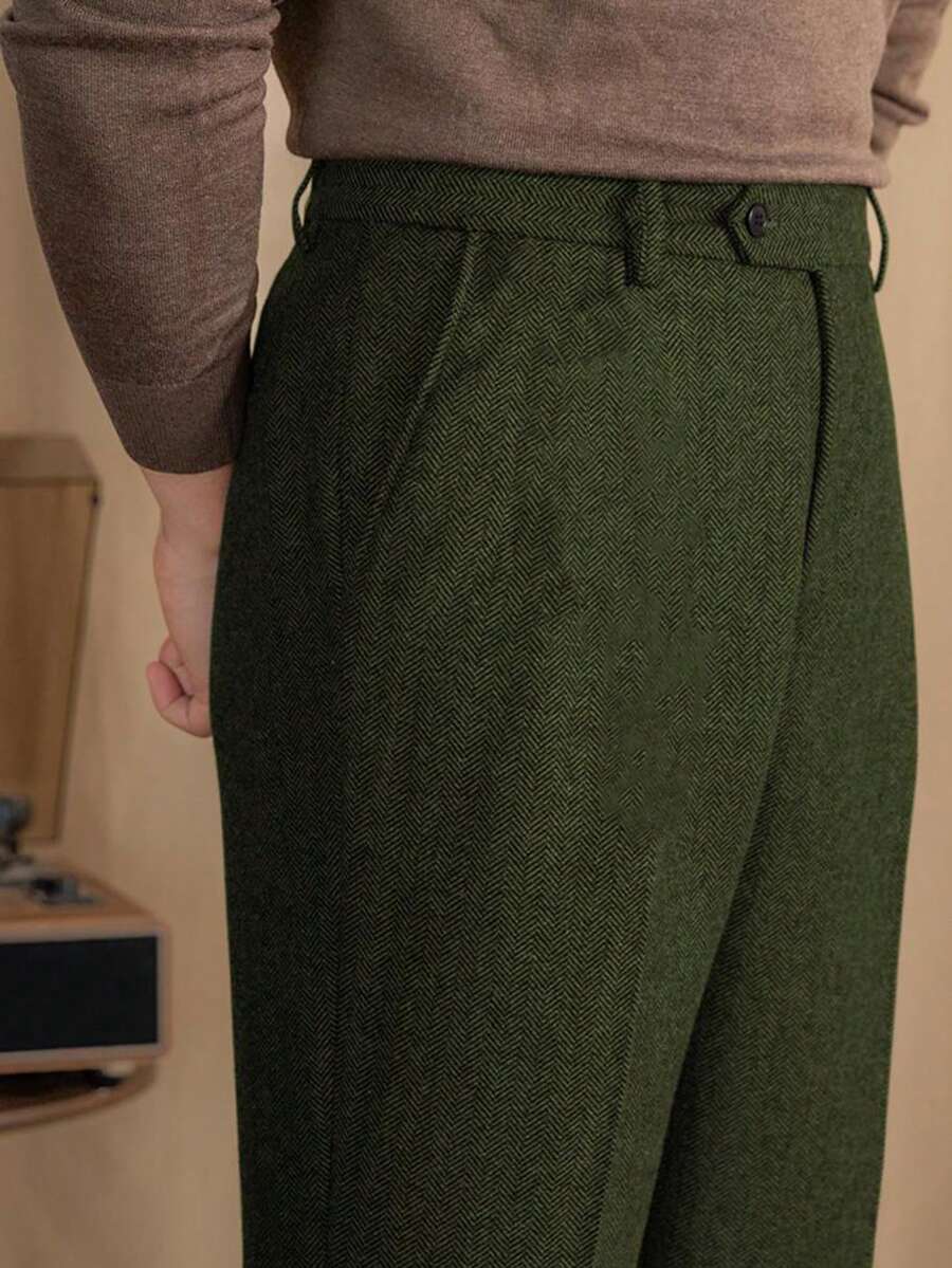 Men's Wool Tweed Herringbone Dress Pants, Vintage Slim Fit Suit Trousers, Regular Fit, Business & Formal Wear, Versatile Tailored Suit Pants For Men - 軍綠色 - 查看 1