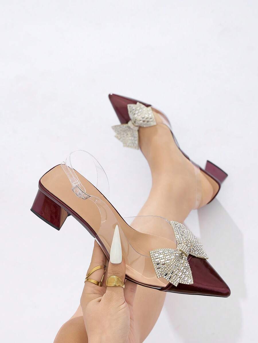 Damskor med strass och rosettdekor, spetsig tå, slingback, genomskinliga pumps med tjock klack, eleganta och bekväma, lämpliga för fest, bröllop, bankett, hemmasammankomster på vår, sommar, höst och vinter, rödbruna höga klackar i PVC med genomskinliga klackar - Bourgogne - Visa 1