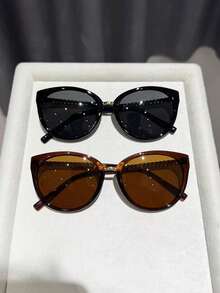 2pcs Women Geometric Plastic Frame Fashion Casual Glasses For Outdoor Daily Vacation Driving Accessories - 2pcs Black Ash Tea - View 3