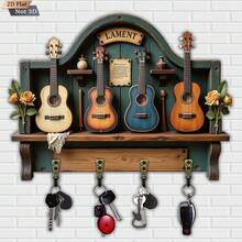 Vintage Wooden Guitar Shaped Key Hook, Multi-Functional Home Key Holder With 4 Metal Hooks, Suitable For Wall Decor, Porch Decor, Room Decor, Villa Decor, And Seasonal Home Hanging Rack Decor - Nhiều màu - Xem 1