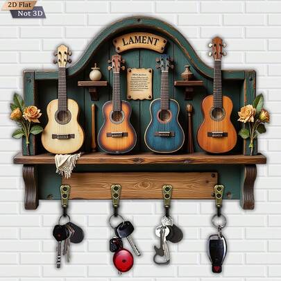 Vintage Wooden Guitar Shaped Key Hook, Multi-Functional Home Key Holder With 4 Metal Hooks, Suitable For Wall Decor, Porch Decor, Room Decor, Villa Decor, And Seasonal Home Hanging Rack Decor