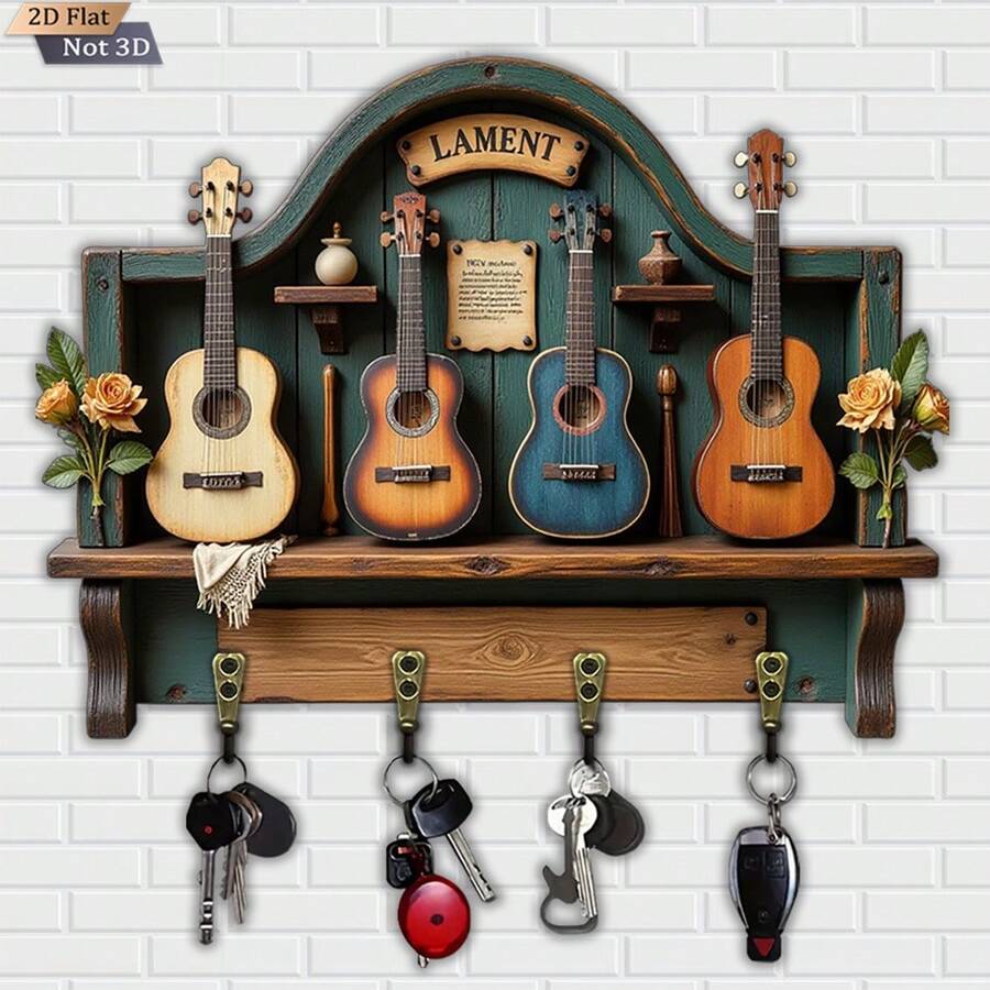 Vintage Wooden Guitar Shaped Key Hook, Multi-Functional Home Key Holder With 4 Metal Hooks, Suitable For Wall Decor, Porch Decor, Room Decor, Villa Decor, And Seasonal Home Hanging Rack Decor - Nhiều màu - Xem 1