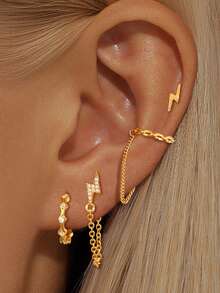 4 Pcs Classic 24K Gold Plated Cubic Zirconia Drop Dangle Earrings Set For Women Zirconia Chain Stud Earrings Lightning Earrings Stack - 4pcs/set - View 9