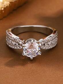 Classic Six-Claw Round Synthetic Cubic Zirconia Couple Rings, Geometric Wedding Engagement Jewelry Gift - White - View 2