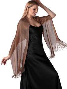 Shiny Metallic Champagne Gold Shawl, Women's Elegant Breathable Tassel Scarf, Wedding Party Formal Dress Outerwear - Champagne Gold - View 2