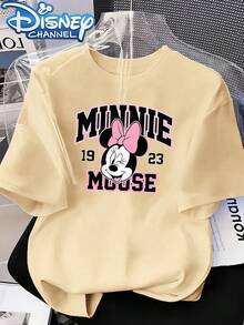 Disney Minnie Mouse's Retro Style Printing 2026 Summer Casual Best-Selling Style Round Neck Ladies' Summer T-Shirt, With A Versatile Design, Must-Have High-Quality Fabric Ladies' Short-Sleeved T-Shirt In Summer. - 杏色 - 查看 1