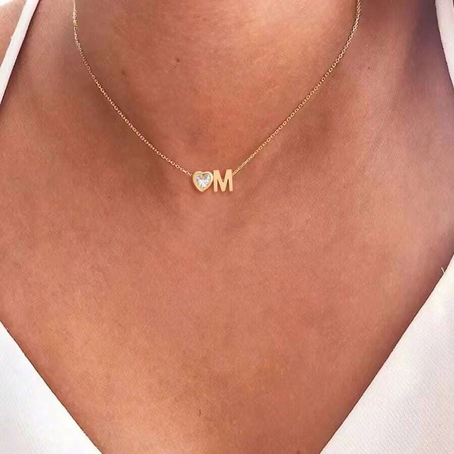 1 buah Kalung Liontin Huruf Berbentuk Hati dari Kristal Buatan Minimalis Baru, Rantai Stainless Steel Emas untuk Wanita - Baja tahan karat emas - View 1