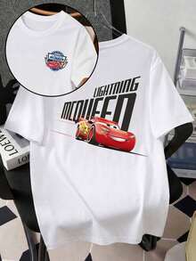 Disney Stylish Crew Neck Short-Sleeved T-Shirt For Men And Women, Featuring A Lightning McQueen Print From Cars. Made Of Comfortable, Soft, And Breathable Pure Cotton, This Unisex Style Is Perfect For Summer Outdoor Wear. - 白色 - 查看 1