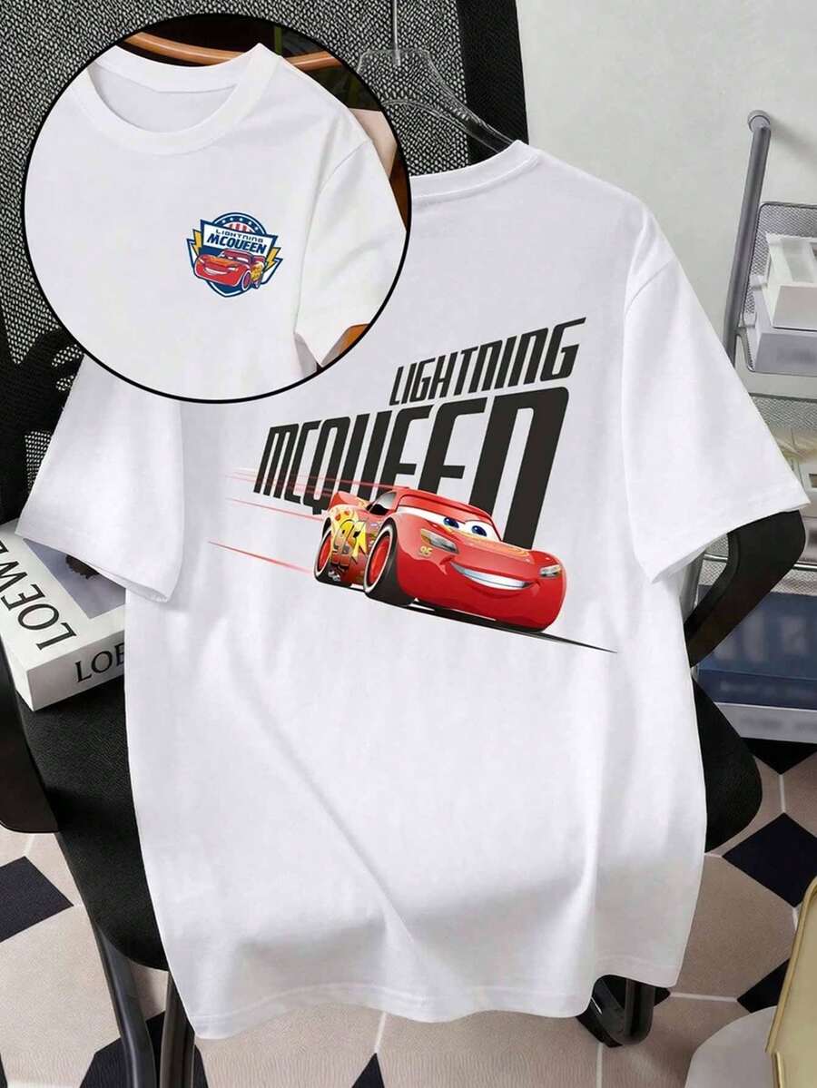 Disney Stylish Crew Neck Short-Sleeved T-Shirt For Men And Women, Featuring A Lightning McQueen Print From Cars. Made Of Comfortable, Soft, And Breathable Pure Cotton, This Unisex Style Is Perfect For Summer Outdoor Wear. - 白色 - 查看 1