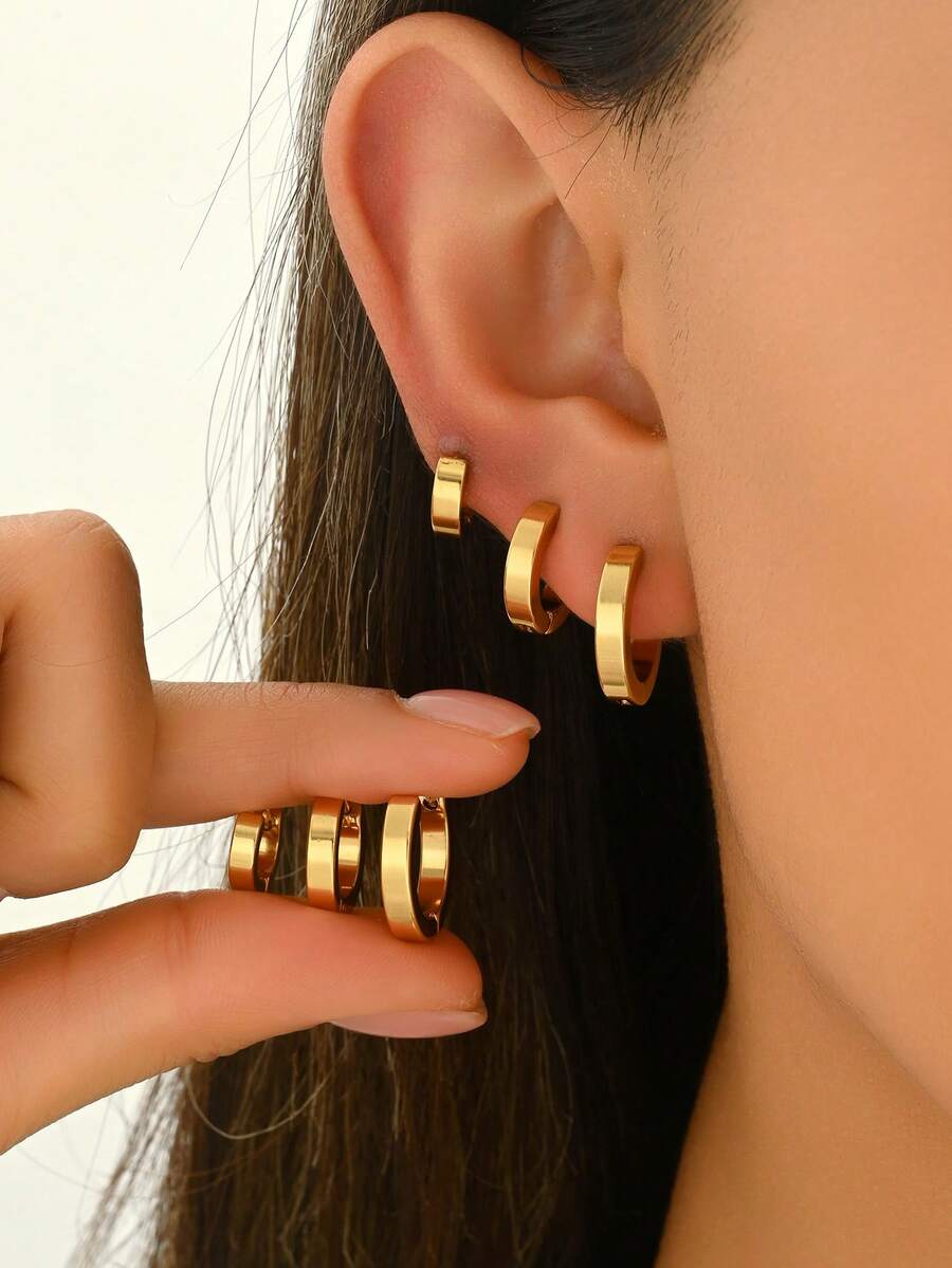 6pcs Set Minimalist Stainless Steel Plain Hoop Earrings, Versatile Daily Wear For Women - Multicolor - View 1