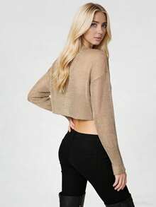 Women's Knit Sheer Tops Fashionable Round Neck Solid Color Long Sleeve Crop Blouse - Champán - Ver 5