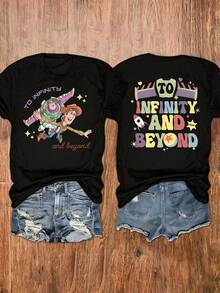Disney (Loose Version)Toy Story Buzz Lightyear & Woody Cartoon Print Black Cotton Short Sleeve Regular T-Shirt For Women, Cute Round Neck Top Short-Sleeved Round Neck Casual Shirt Necessary In Summer, Suitable For Summer And Spring, Holiday Gift Party Clothing, Ladies' Clothing. - Noir - Voir 1