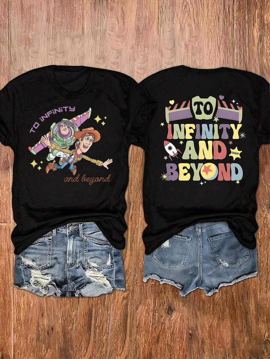 Disney (Loose Version)Toy Story Buzz Lightyear & Woody Cartoon Print Black Cotton Short Sleeve Regular T-Shirt For Women, Cute Round Neck Top Short-Sleeved Round Neck Casual Shirt Necessary In Summer, Suitable For Summer And Spring, Holiday Gift Party Clothing, Ladies' Clothing. - Noir - Voir 1