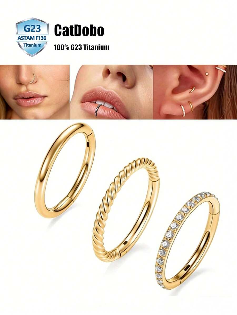 CatDObo 3 件装铰链式透明锆石鼻环；低过敏材质；男女通用 16g 鼻环，鼻翼/鼻孔/唇环；18k 镀金耳骨耳环，耳屏/耳廓/耳廓耳环；女性穿刺饰品。 - N070 - 查看 1