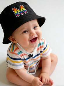 1pc Baby Letter A-Z Design Bucket Hat, Unisex Outdoor Sun Protection Cap, Children Panama Hat Accessory - Black - View 2
