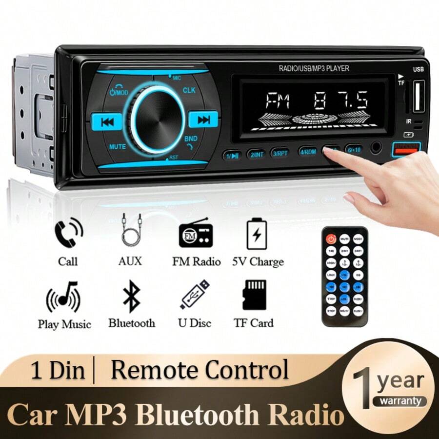 1 Din Car Radio Stereo Bluetooth MP3 Player FM Radio, 7 Color Options With Remote Control, AUX/USB/TF Card Slot, Car Mounting Kit