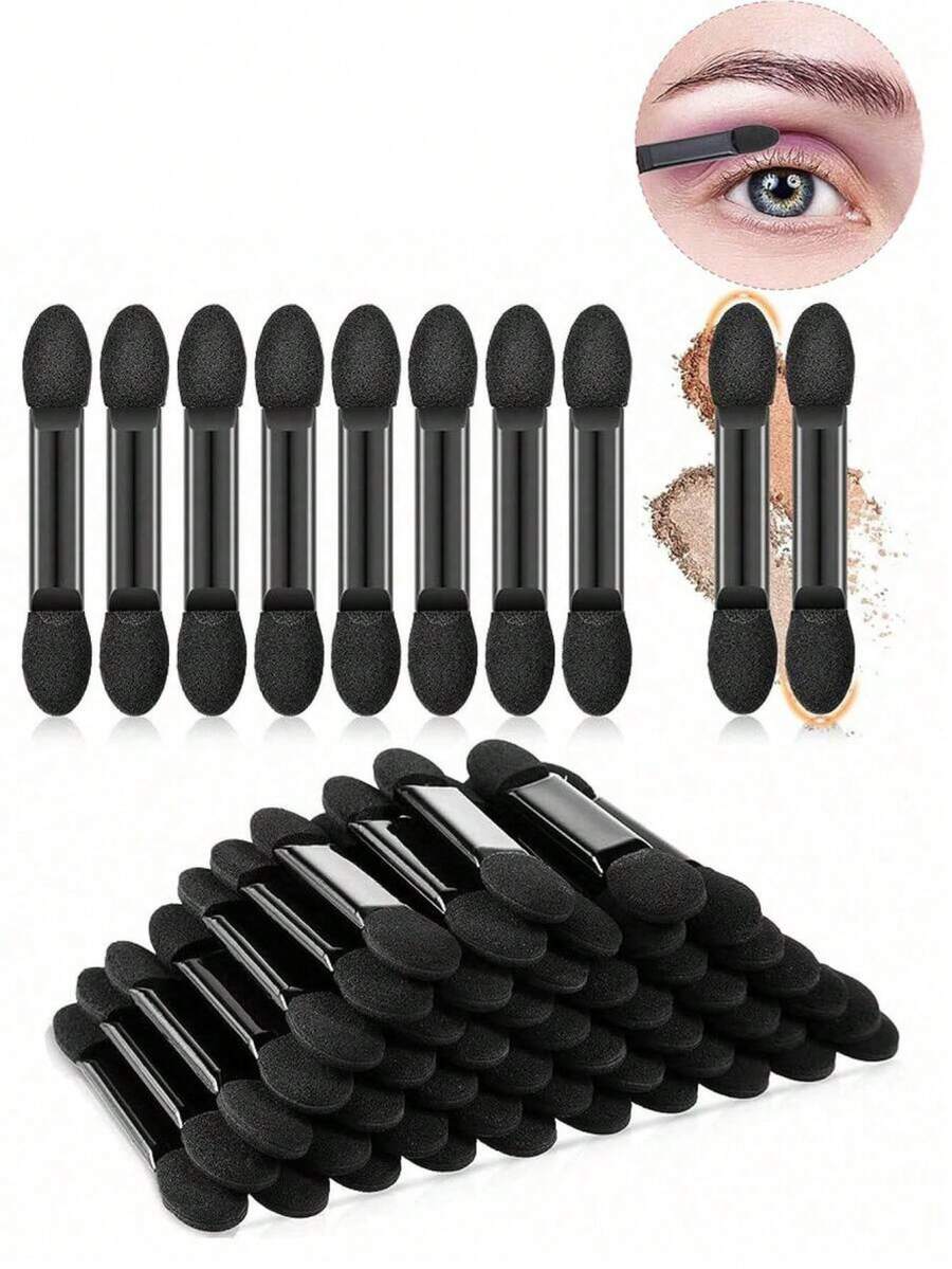 200 piezas de brochas desechables de doble punta para sombras de ojos, brochas de delineador de ojos de doble cara, herramientas de maquillaje - Negro - Ver 1