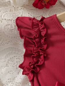 Girls' Spaghetti Strap Ruffle Hem Dress, Patchwork Butterfly Embroidery Mesh Shoulder Strap Stylish Dress, Suitable For Party, Birthday, Outdoor, Vacation - Burgundy - View 5