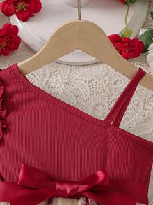 Girls' Spaghetti Strap Ruffle Hem Dress, Patchwork Butterfly Embroidery Mesh Shoulder Strap Stylish Dress, Suitable For Party, Birthday, Outdoor, Vacation - Burgundy - View 4