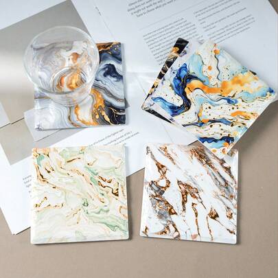 1个极简主义仿大理石纹高清印花压花耐热陶瓷杯垫，适合家居装饰、日常使用和节日/生日礼物