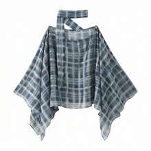HH 女士时尚圆领蝙蝠袖格子围巾披肩，优雅女士春季服装 - 藏蓝色 - 查看 6