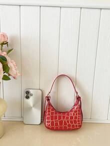 New Handbag, Fashionable Small Versatile Stone Texture Mini Half-Moon Handheld Bag - Red - View 9