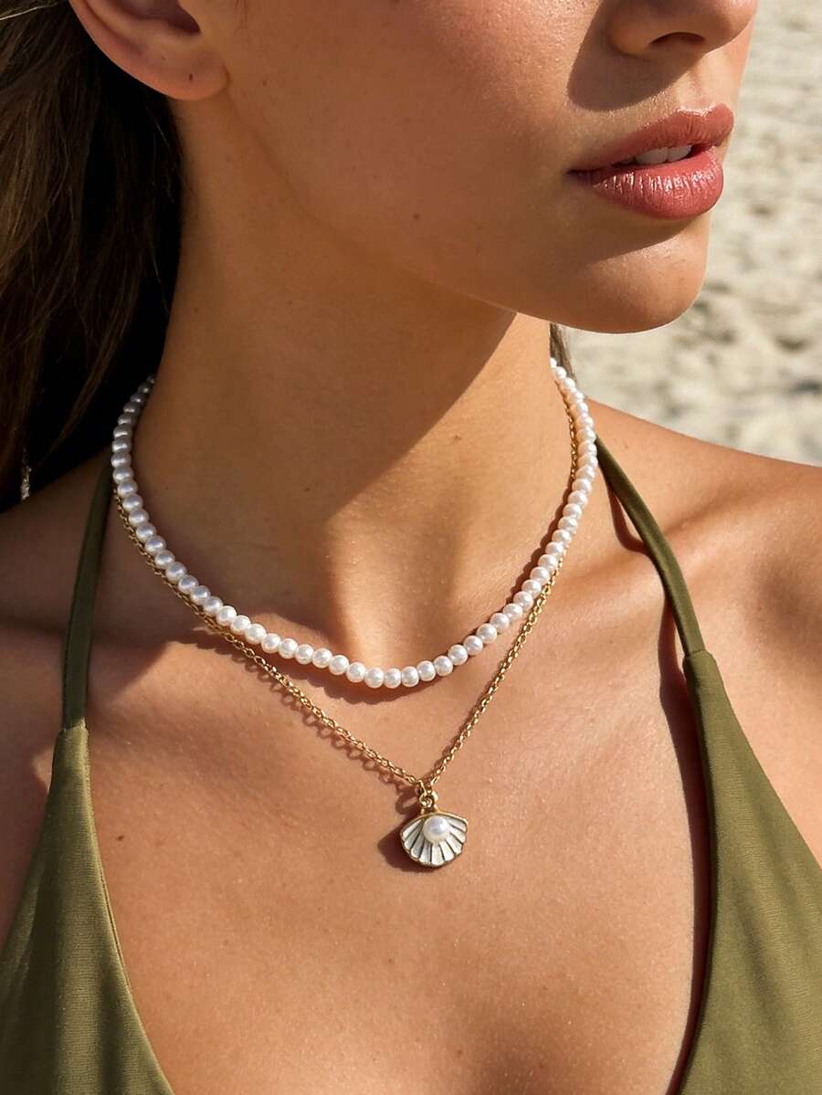 2pcs Ocean Style Enamel Scallop & Pearl Pendant Necklace, Faux Pearl Beaded Chain Double Layer Necklace For Women - Gold - View 1