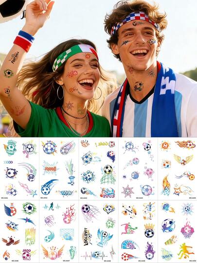 10件/套，纹身贴纸，足球，世界杯，足球脸部贴纸，足球手臂贴纸，半永久纹身，假纹身，手部纹身，假纹身，临时纹身，纹身用品，纹身套装，纹身贴纸，防水持久纹身，女士纹身，背部纹身，手臂纹身，腿部纹身，节日，锐舞派对
