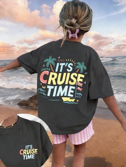 Tween Girl "IT'S CRUISE TIME" Beach Palm Tree Cruise Print T-Shirt, Soft And Comfortable Fabric, Suitable For Girls To Wear For Travel, Vacation, Outdoor Activities, Daily Wear, Casual Travel, Best Choice! Fashionable Tween Girls Casual Versatile Top For Spring And Summer