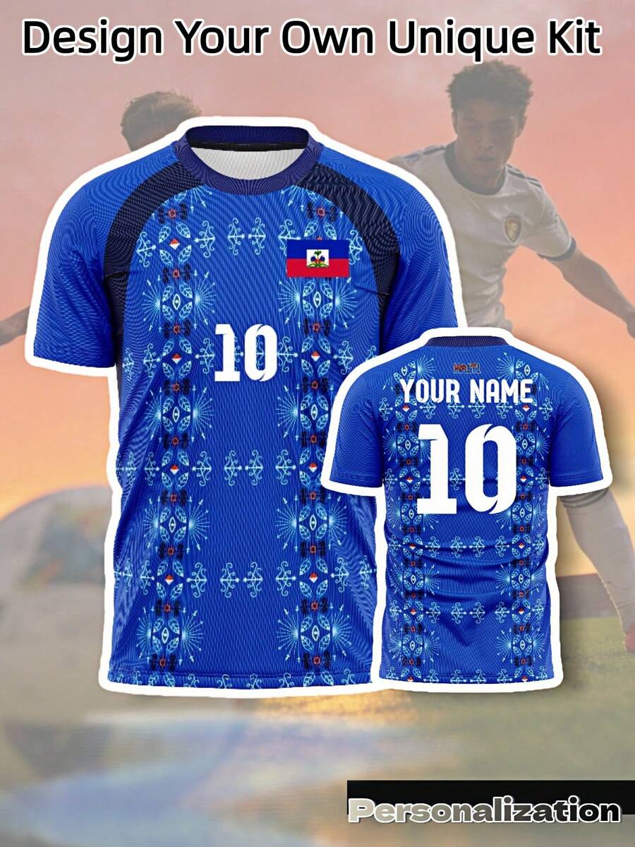 Áo bóng đá cổ tròn màu xanh dương World Cup 2026 Haiti tùy chỉnh 1 chiếc - Tên và số cá nhân hóa, họa tiết hình học màu xanh dương, thoáng khí, phù hợp cho các trận đấu bóng đá, bóng rổ, bóng chuyền, tập luyện và mặc hàng ngày, quà tặng Ngày của Cha. - Màu xanh lam - Xem 1