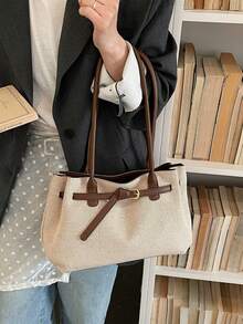 女士时尚大容量编织帆布搭扣单肩手提包 - 咖啡 - 查看 3