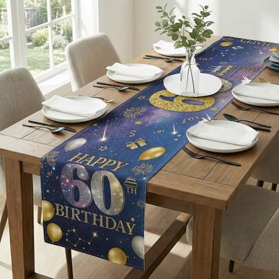 1pc 60th Anniversary Printed Table Runner, Suitable For Holidays, Parties, Birthdays, Dinners, Restaurant Table Decor, All Seasons, Home Decor