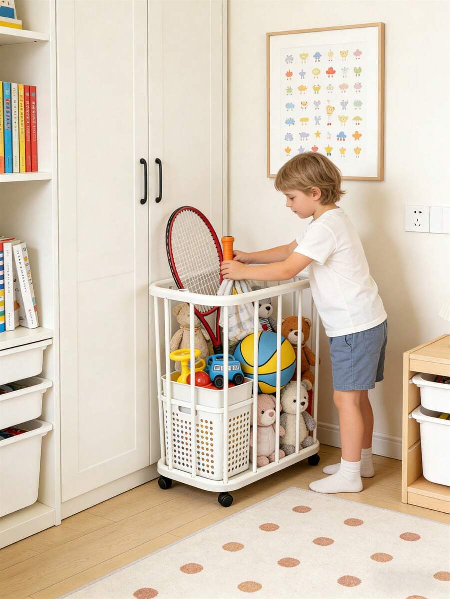 4-Wheel Baby Room Rolling Storage Cart - Durable Plastic Mobile Organizer Rack With Sliding Shelves, Easy To Clean Storage For Children's Sports Gear And Toys - Multicolor - View 1
