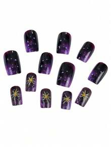 24pcs Medium Square False Nails, 3D Glitter Gold Star Sky Full Cover Removable Nail Art Set, Suitable For Women Party, Ball And Daily Wear - Purple - View 5