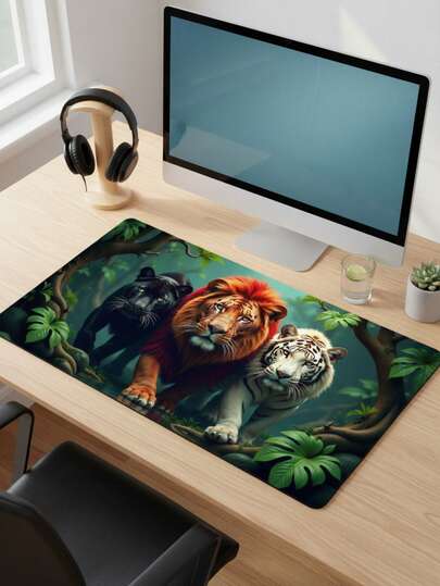 Large Size Waterproof Non-Slip Smooth Cloth Surface Jungle Trio ( Golden Lion, White Tiger) Mouse Pad, Suitable As Keyboard Pad, Desk Mat Or Book Stand, Suitable For Gamers, Office And Dorm Use, Compatible With Mouse And Trackball, Gift For Gamers