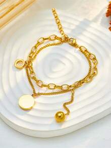 RAYQUEEN 1件优雅不锈钢手链，饰有罗马数字和绿松石镶嵌，百搭女士饰品，适合日常佩戴和派对场合，四季皆宜的配饰 - 金黃色 - 查看 2