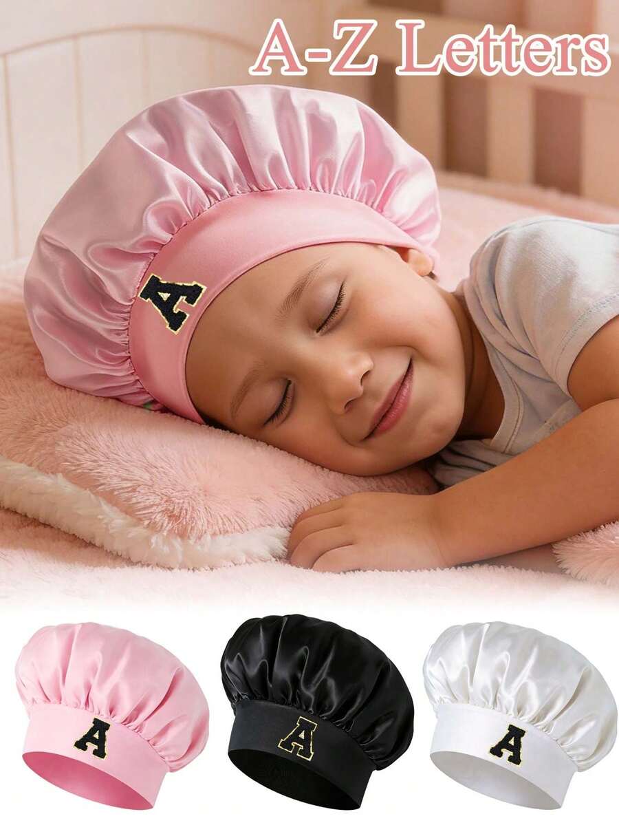 1pc 26 Letter Black Alphabet Gold Trim Satin Sleep Cap, Sweet Princess Style Hair Care Cap, Silk-Like Smooth Haircare, Suitable For Spring & Summer (Above 25°C) - Multicolor - View 1