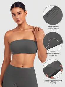 VOYJOY Women Strapless Bandeau Bra Wireless Padded Sports Bra Tube Top Seamless Stretchy Workout Bralette - Cá mập xám - Xem 6